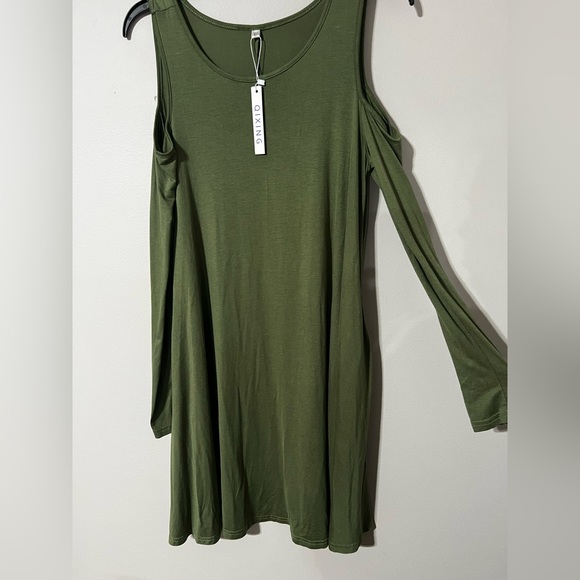 COLD SHOULDER LONG SLEEVE LOOSE SUMMER SWING SUNDRESS OLIVE GREEN SIZE LARGE - Picture 1 of 4